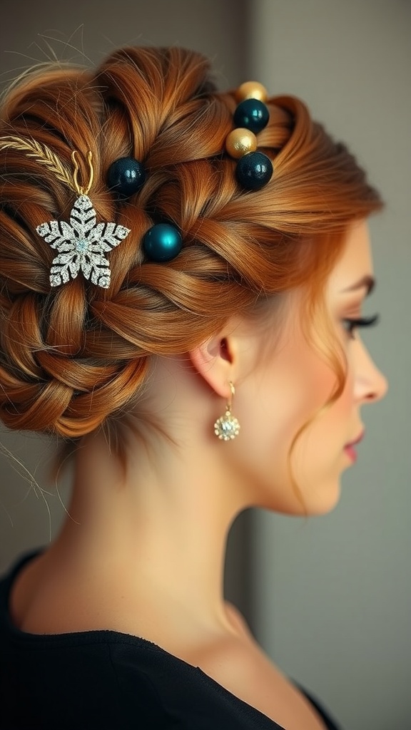 A side view of a woman with a chic braided updo hairstyle adorned with decorative elements.