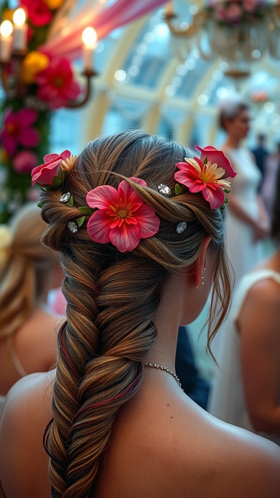 A detailed view of an intricate braid crown hairstyle adorned with flowers and sparkling accessories.