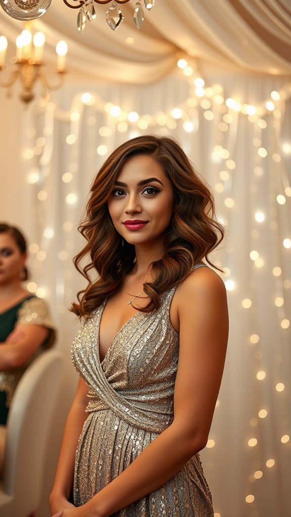 A woman with loose curls wearing a sparkly dress, standing in a festive setting with soft lighting.