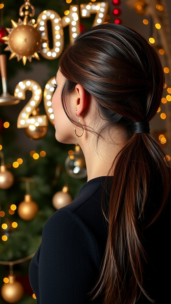 A woman with a sleek low ponytail standing in front of a festive background