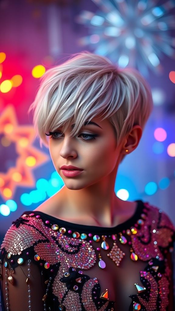 A stylish woman with a textured pixie cut, wearing a sparkling outfit and striking a confident pose against a colorful background.