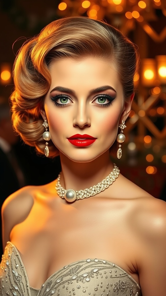 A glamorous woman with vintage-inspired finger waves hairstyle, wearing elegant jewelry and makeup.