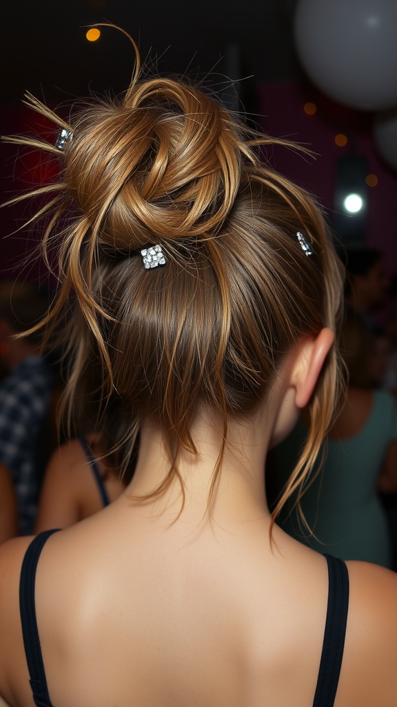 A stylish whimsical messy bun hairstyle adorned with sparkly clips, viewed from the back.